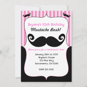 Invitaciones Chicas Bash Bigote Rosa Blanco Negro