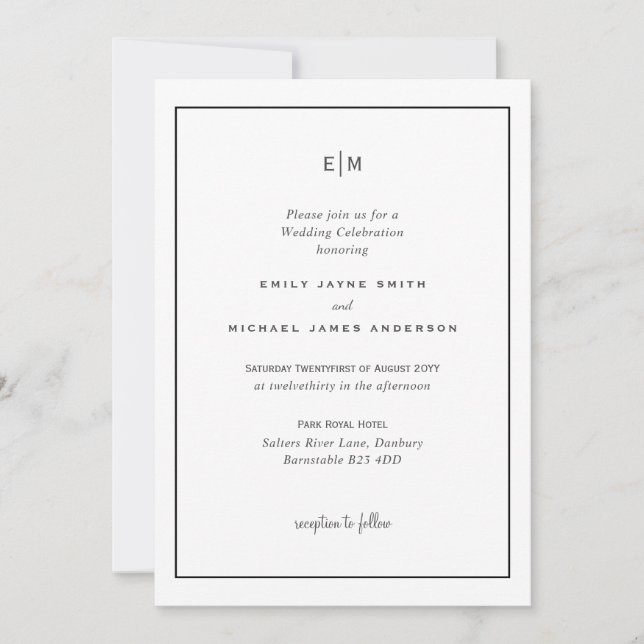 Invitaciones clásicas a la boda blanca y negra (Anverso)