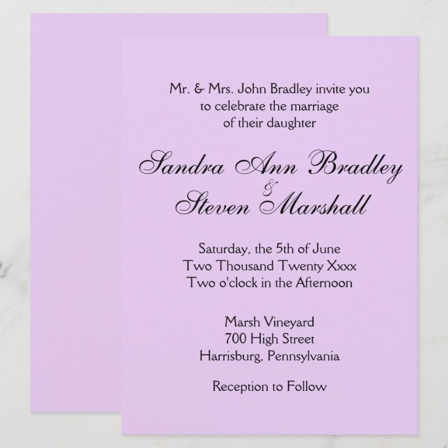 Invitaciones clásicas a la boda de lavanda (Anverso / Reverso)