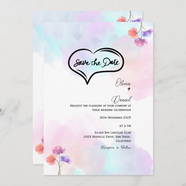 Invitaciones clásicas a la boda rosa y azul (Anverso / Reverso)