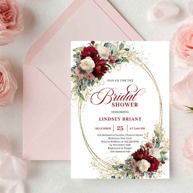 Invitaciones Clásicas de Boda con Rosas Marsala Do (Classic Marsala Roses Gold Bridal Shower Invitation)