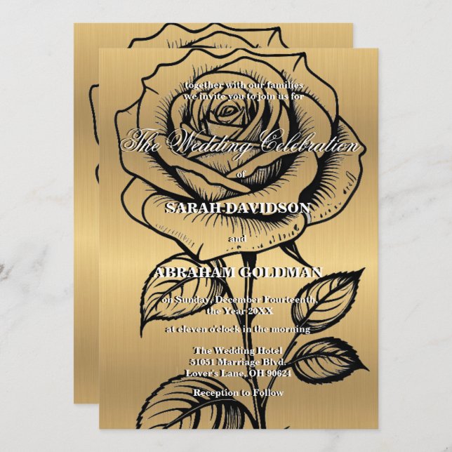 Invitaciones clásicas de Rosa negro dorado (Anverso / Reverso)