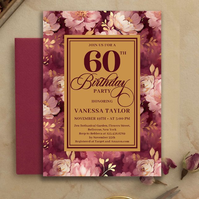 Invitaciones clásicas para 60 cumpleaños con rubor (Classic 60th Birthday Deep Red Blush Gold Invitation)