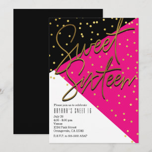 Invitaciones Color Block Rosa Negro Dorado Sweet 1