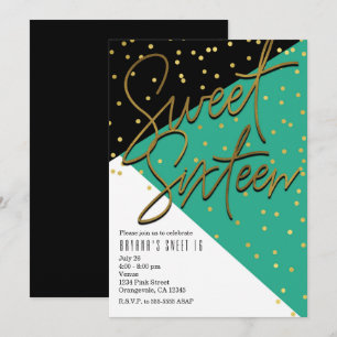 Invitaciones Color Block Verde Azul Negro Dorado C
