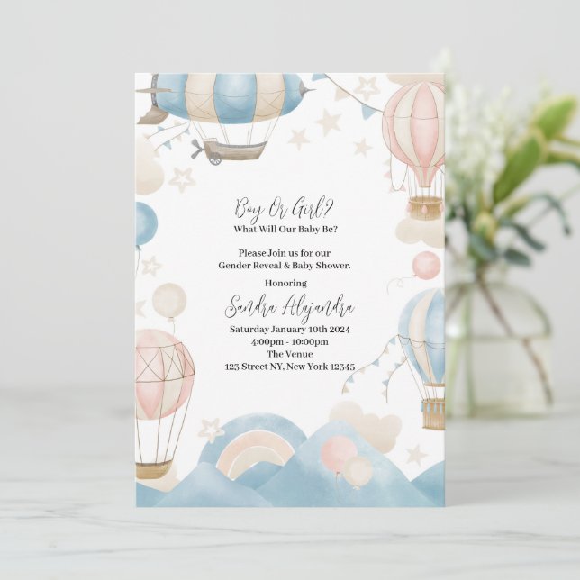 Invitaciones con globos de aire para revelación de (Anverso de pie)