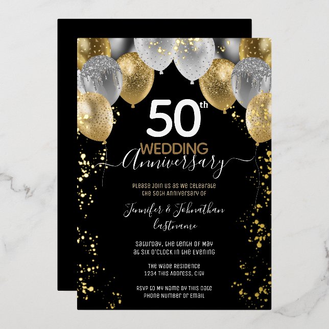 Invitaciones con globos de oro del 50º aniversario (Anverso/Reverso)