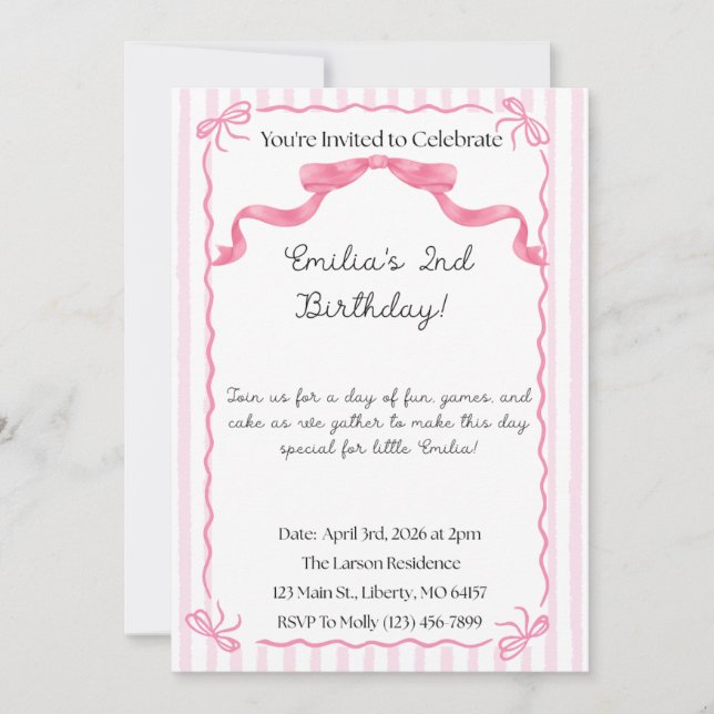 Invitaciones con lazo rosa y blanco (Anverso)