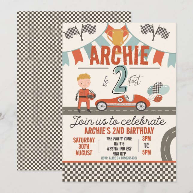 Invitaciones con tema de autos de carreras - Perfe (Anverso / Reverso)