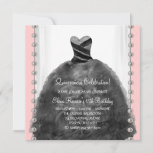 Invitaciones Coral Rosa y Negras para Quinceañera