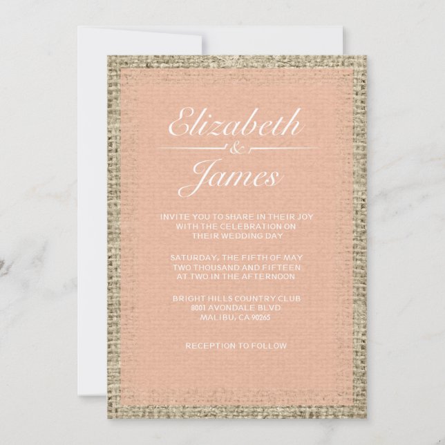 Invitaciones coralinas de la boda de la arpillera (Anverso)