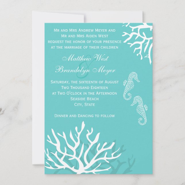 Invitaciones coralinas de la boda del Seahorse del (Anverso)
