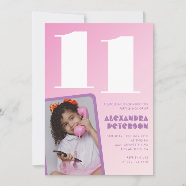 Invitaciones cumpleaños 11 niña Pink Foto Retro (Anverso)