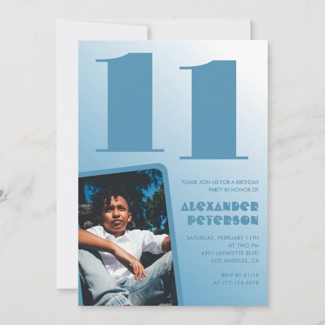 Invitaciones cumpleaños 11 niño gradiente azul Fot (Anverso)