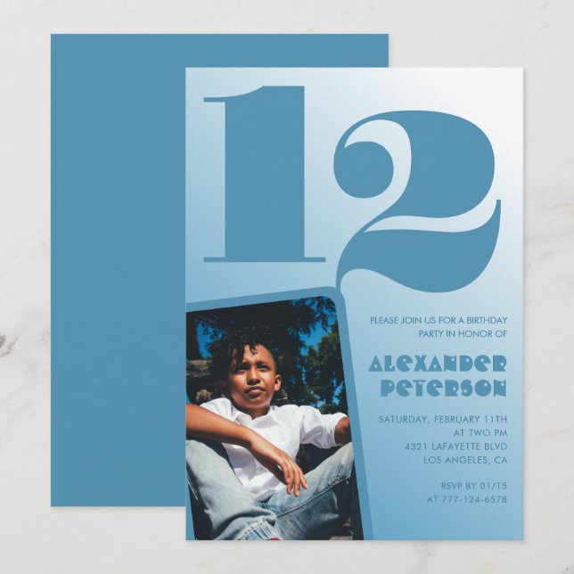 Invitaciones cumpleaños 12 niño gradiente azul Fot (Anverso / Reverso)