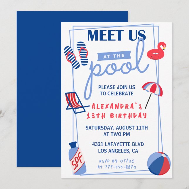 invitaciones cumpleaños 13 Fiesta de Piscina Veran (Anverso / Reverso)