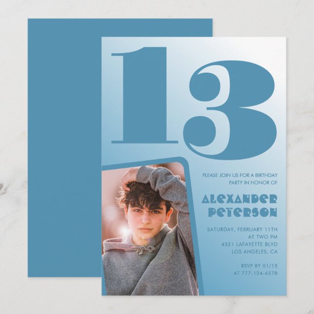 Invitaciones cumpleaños 13 niño gradiente azul Fot (Anverso / Reverso)