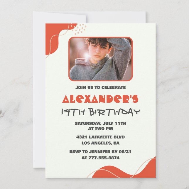 Invitaciones cumpleaños 14 niño Modernas Foto Rojo (Anverso)