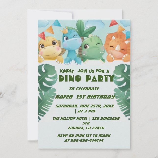 Invitaciones Cumpleaños 1er Dinosaurio Personaliza (Anverso)