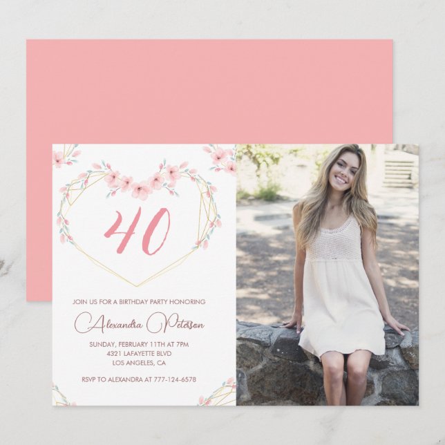 invitaciones cumpleaños 40 Boho Floral Foto (Anverso / Reverso)