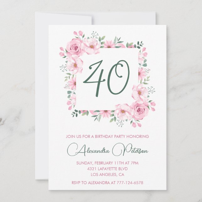 invitaciones cumpleaños 40 Floral Elegante Rosa (Anverso)