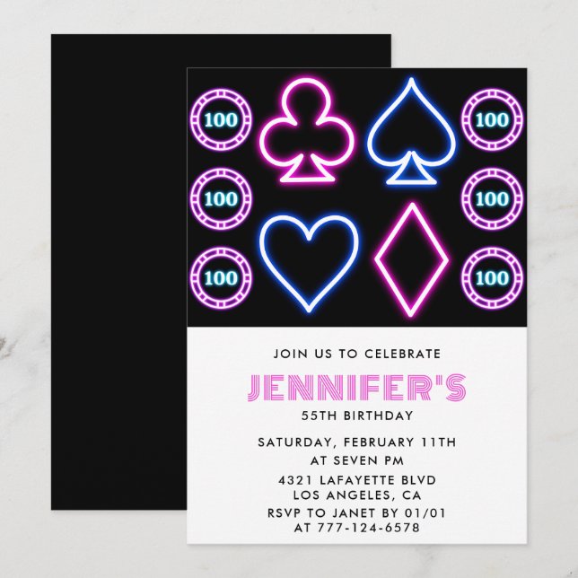 invitaciones cumpleaños 55 Casino tema Chica del P (Anverso / Reverso)