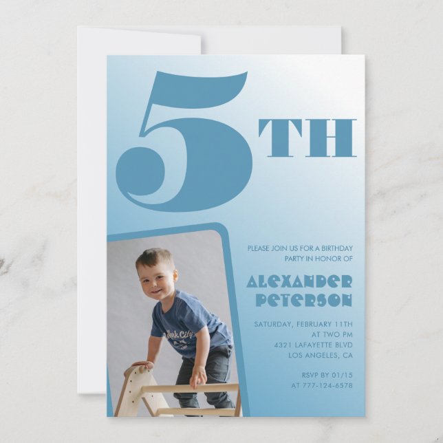 Invitaciones cumpleaños 5 niño Foto Azul (Anverso)