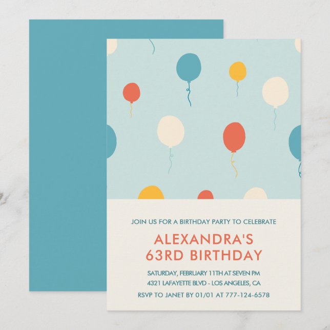 invitaciones cumpleaños 63 globos Modernas (Anverso / Reverso)