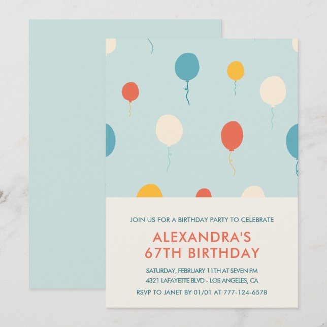 invitaciones cumpleaños 67 globos Azules (Anverso / Reverso)