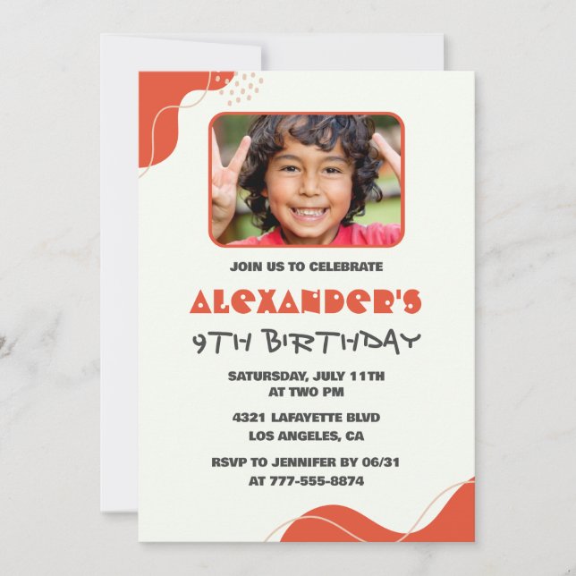 Invitaciones cumpleaños 9 niño Modernas Foto Rojo (Anverso)