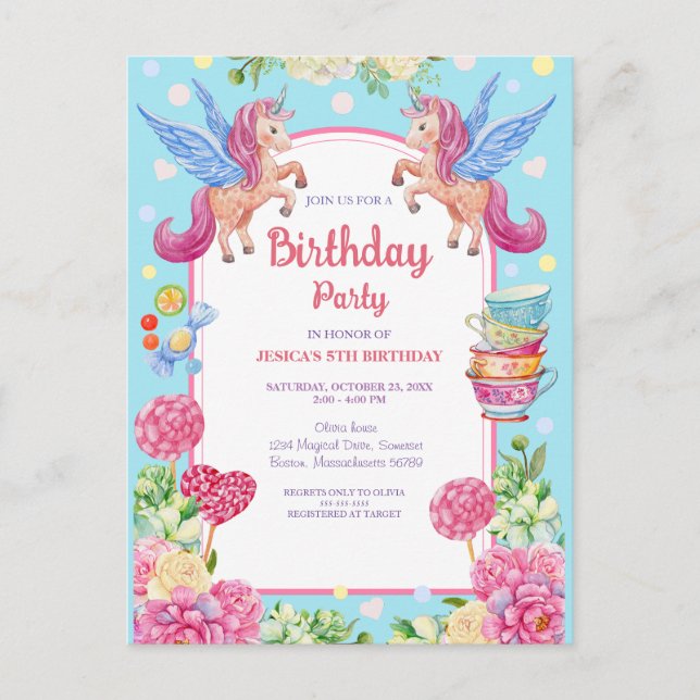 Invitaciones Cumpleaños Acuarela Unicornios Flores (Anverso)