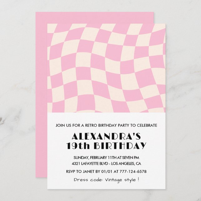 Invitaciones de 19 años Checkered Retro Pink (Anverso / Reverso)