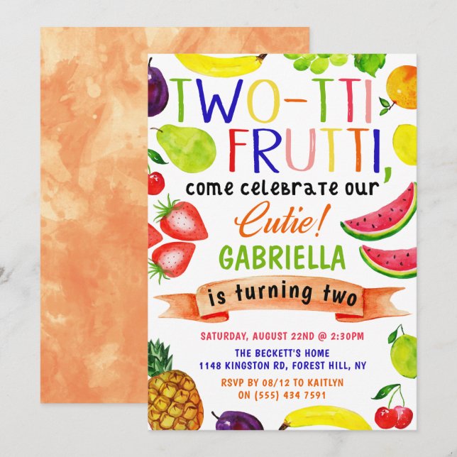 Invitaciones de 2º cumpleaños a dos tti Frutti (Anverso / Reverso)