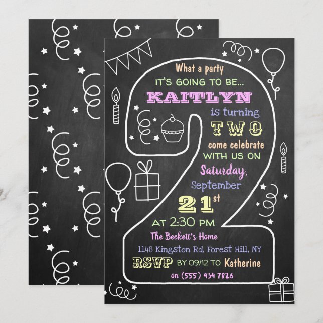 Invitaciones de 2º cumpleaños de moda y diversión (Anverso / Reverso)