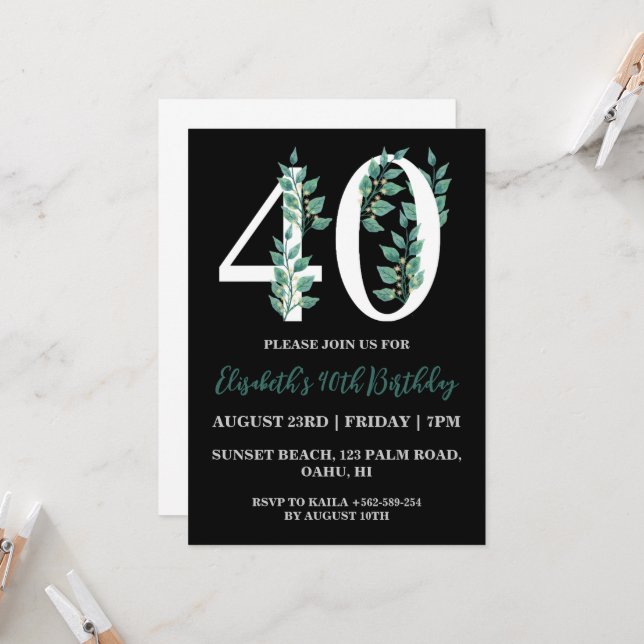 invitaciones de 40 años florales modernas (Anverso/Reverso In Situ)