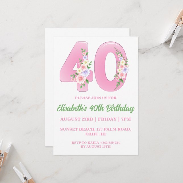 invitaciones de 40 años florales modernas (Anverso/Reverso In Situ)