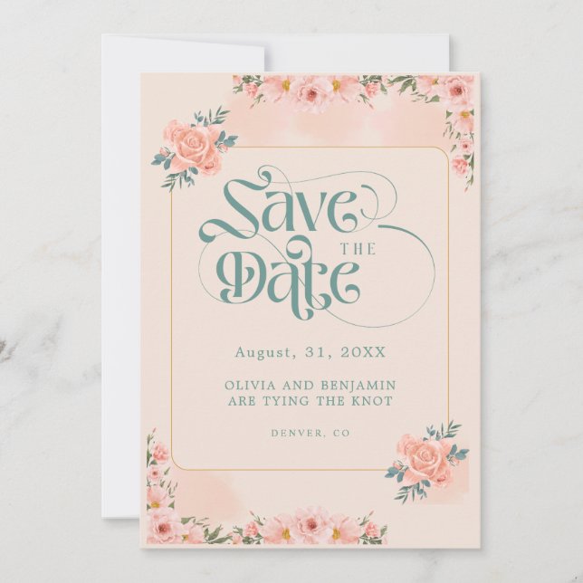 Invitaciones de Ahorro de Fecha Floral Rosa Meloco (Anverso)