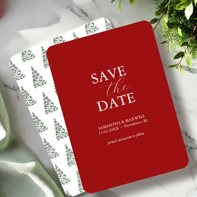 Invitaciones de Ahorro de Fecha para Bodas de Vaca (Holiday wedding save the date invitations watercolor Christmas trees art by Victoria Grigaliunas)