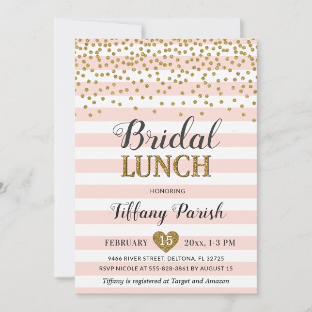Invitaciones de Almuerzo de Boda Rosado Dorado con (Anverso)
