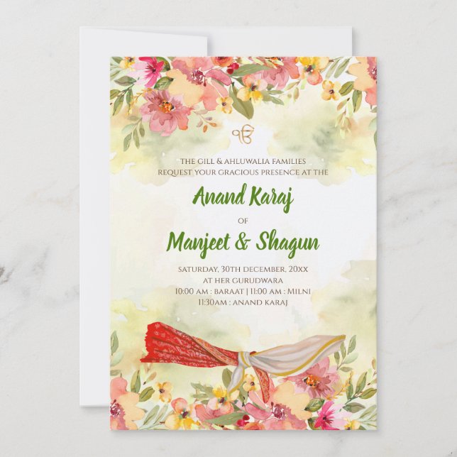 Invitaciones de Anand Karaj y tarjetas bodas Sikh (Anverso)