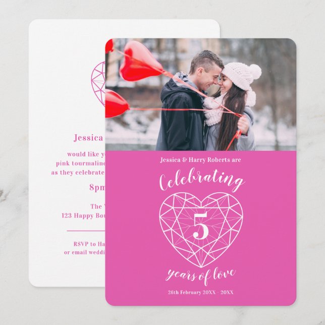 Invitaciones de aniversario de 5 años con corazón  (Anverso / Reverso)