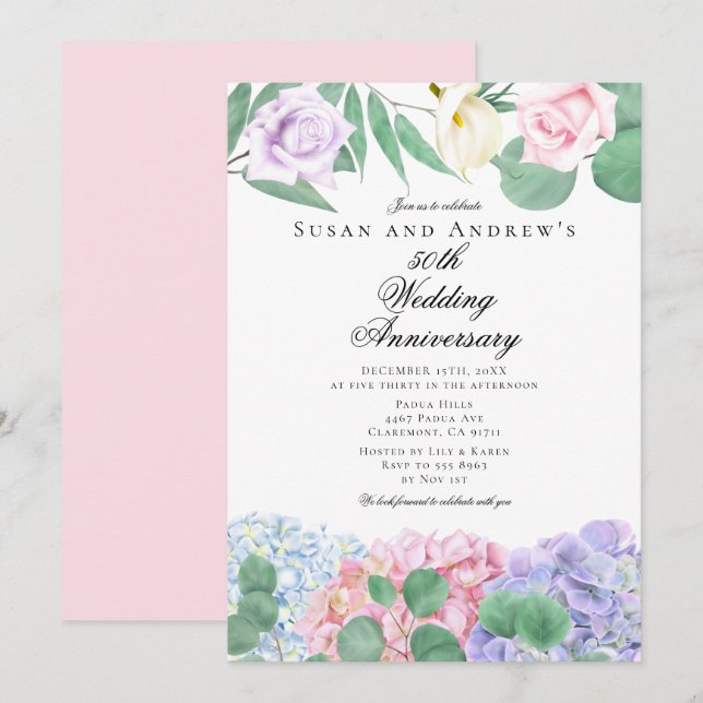 Invitaciones de aniversario de boda con hortensias (Anverso / Reverso)