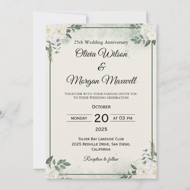 Invitaciones de aniversario de boda con vegetación (Anverso)