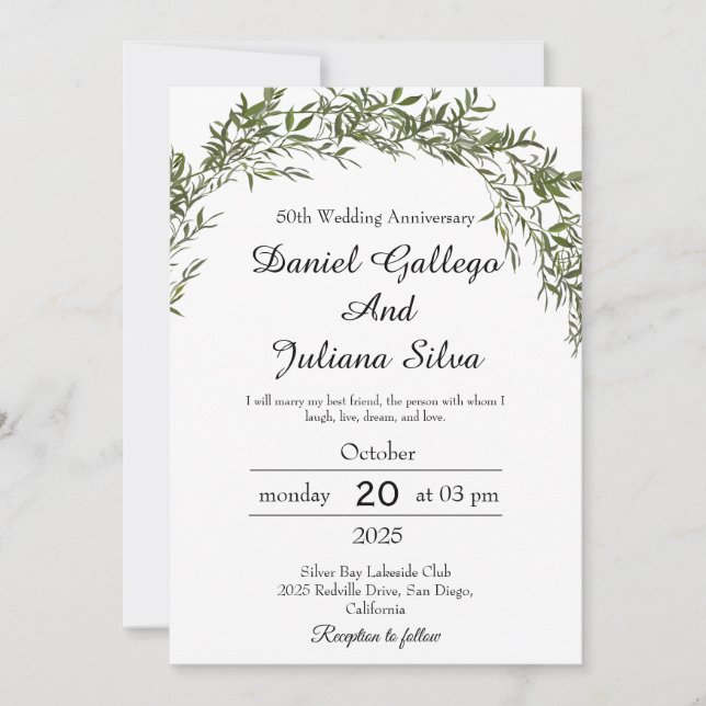 Invitaciones de aniversario de boda con vegetación (Anverso)