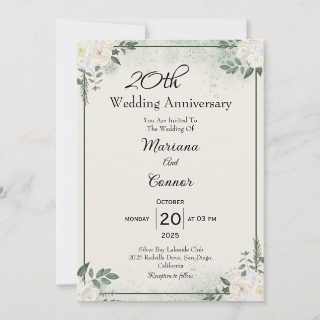 Invitaciones de aniversario de boda con vegetación (Anverso)