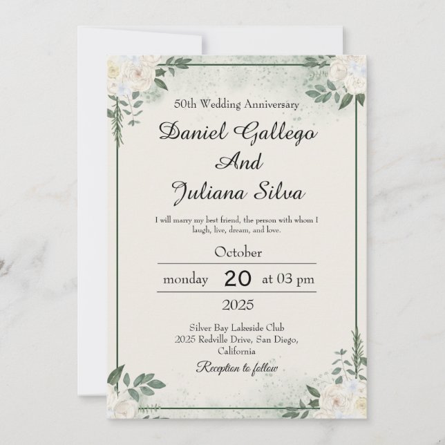 Invitaciones de aniversario de boda con vegetación (Anverso)