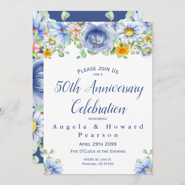 Invitaciones de aniversario de bodas de acuarela E (Anverso / Reverso)