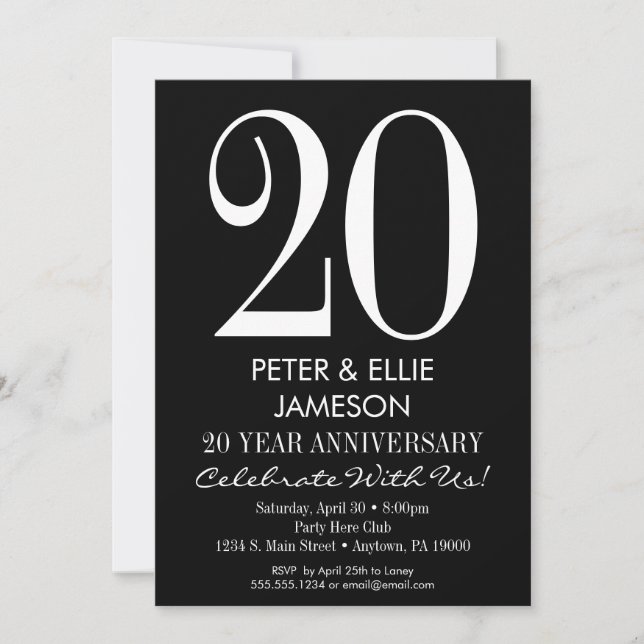 Invitaciones de aniversario modernas en negro y bl (Anverso)