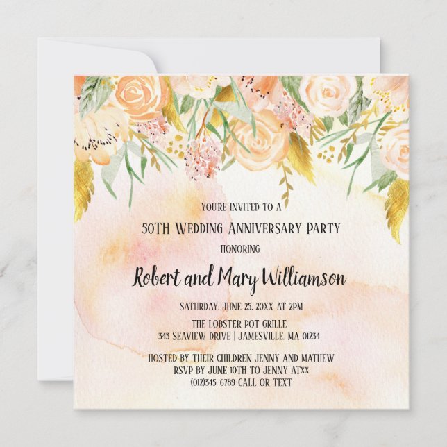 Invitaciones de aniversario número 50 rosa rubor y (Anverso)