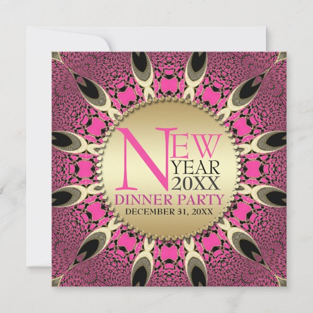 Invitaciones de Año Nuevo Funky Rosa Pavo Real (Anverso)